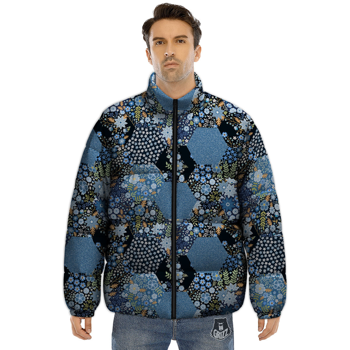Patchwork Ethnic Floral Print Pattern Puffer Jacket-grizzshop