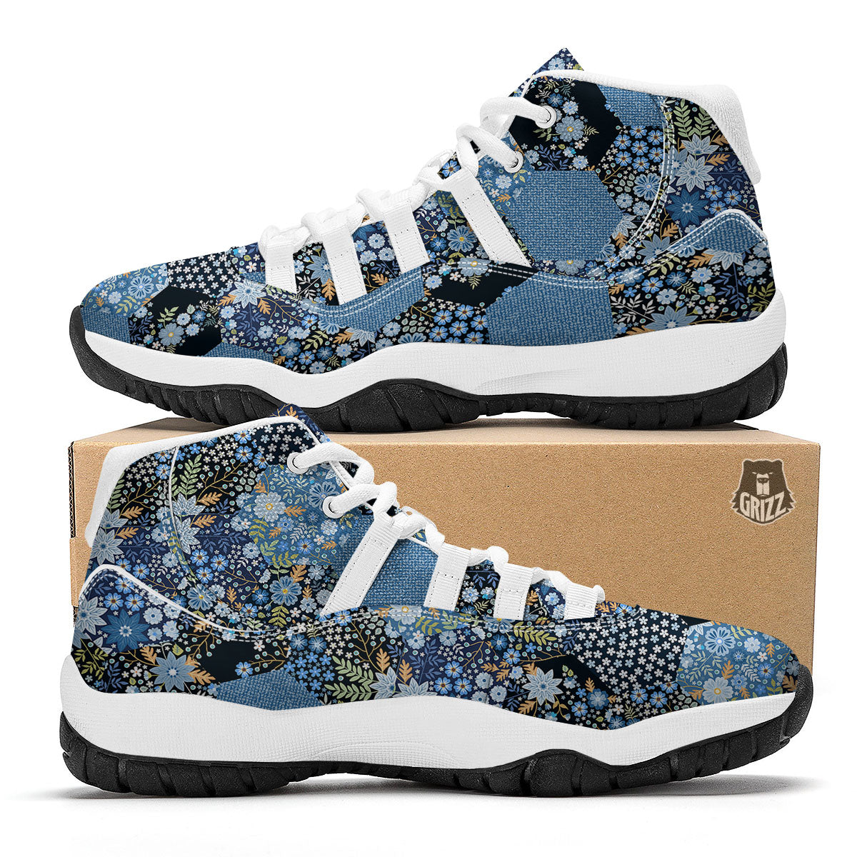 Patchwork Ethnic Floral Print Pattern White Bball Shoes-grizzshop