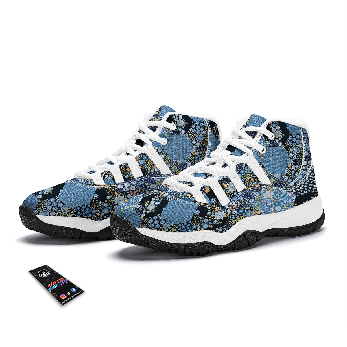 Patchwork Ethnic Floral Print Pattern White Bball Shoes-grizzshop