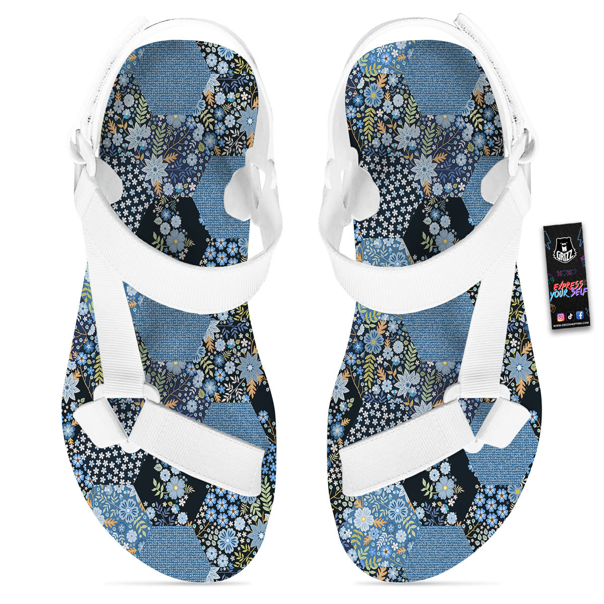 Patchwork Ethnic Floral Print Pattern White Open Toe Sandals-grizzshop