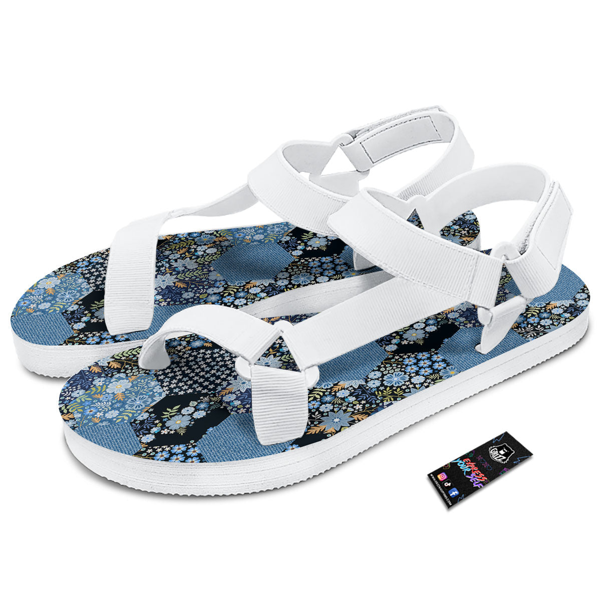 Patchwork Ethnic Floral Print Pattern White Open Toe Sandals-grizzshop