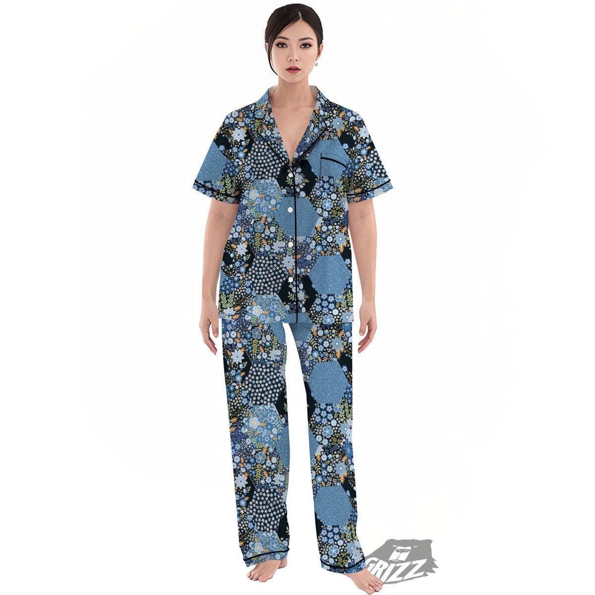 Patchwork Ethnic Floral Print Pattern Women's Pajamas Set-grizzshop