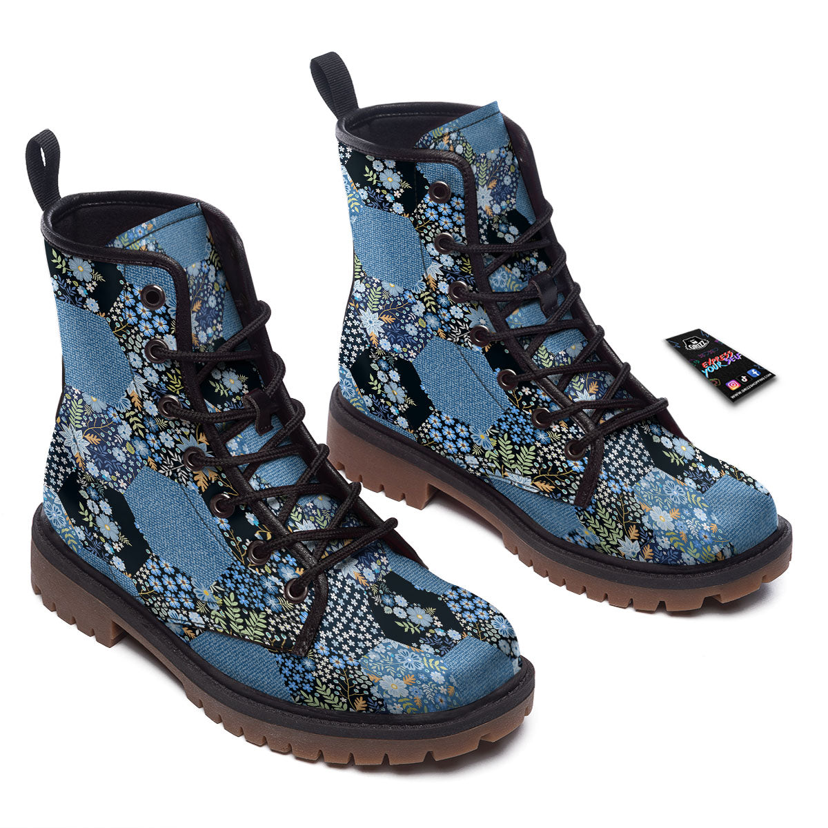 Patchwork Ethnic Floral Print Pattern Work Boots-grizzshop