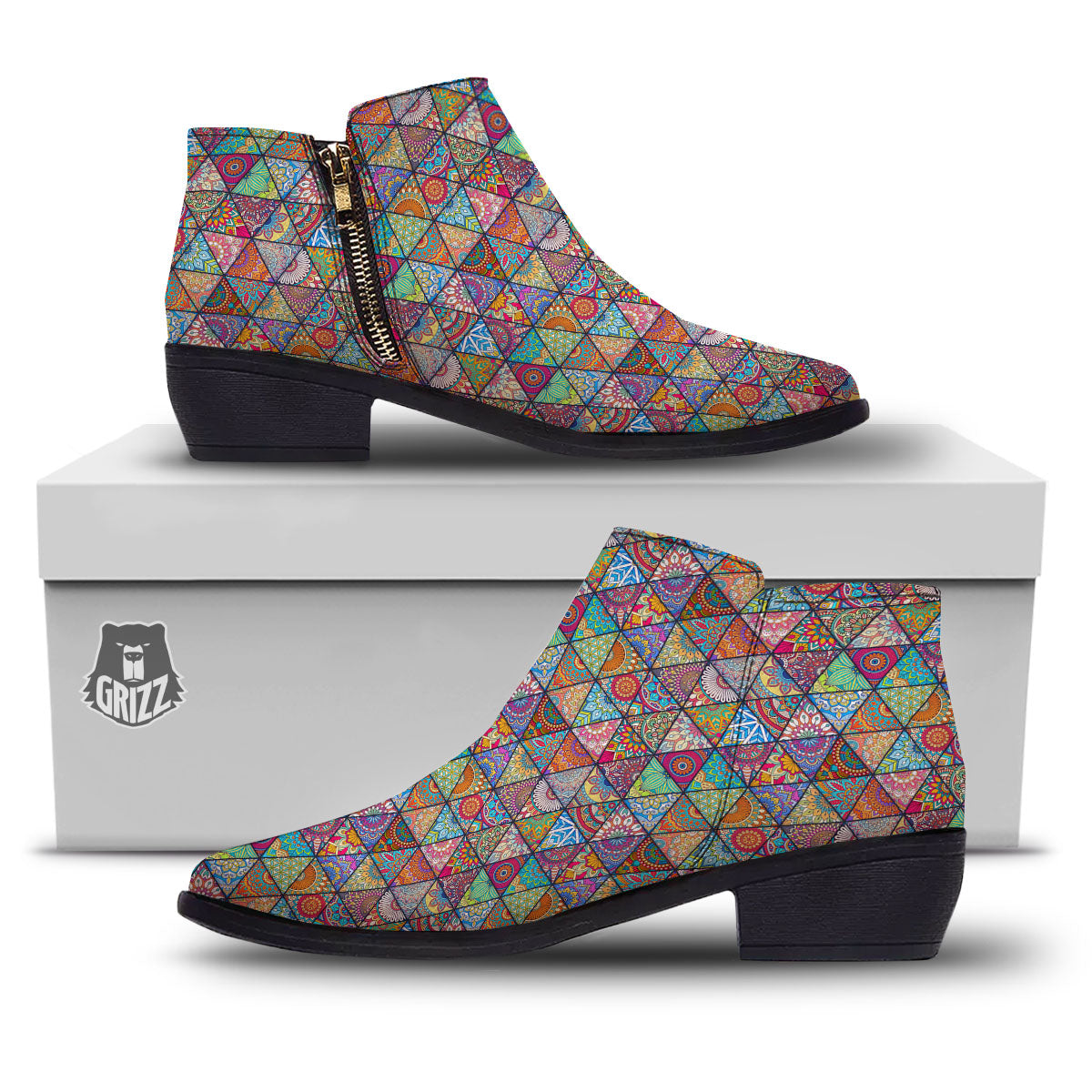 Patchwork Ethnic Mandala Print Pattern Ankle Boots-grizzshop