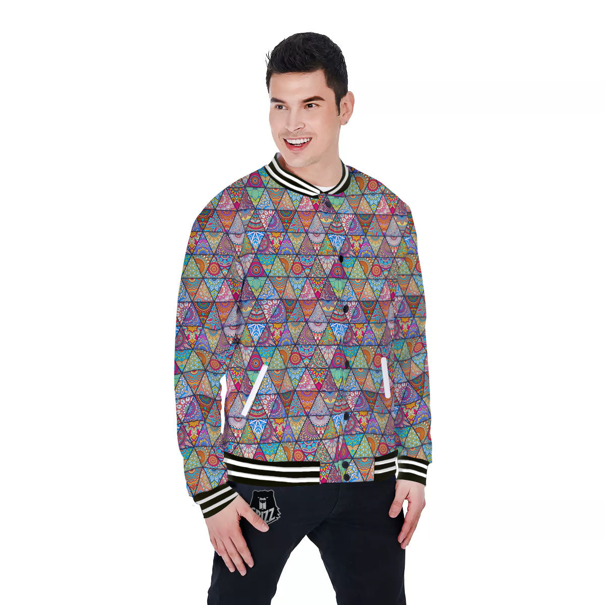 Patchwork Ethnic Mandala Print Pattern Baseball Jacket-grizzshop