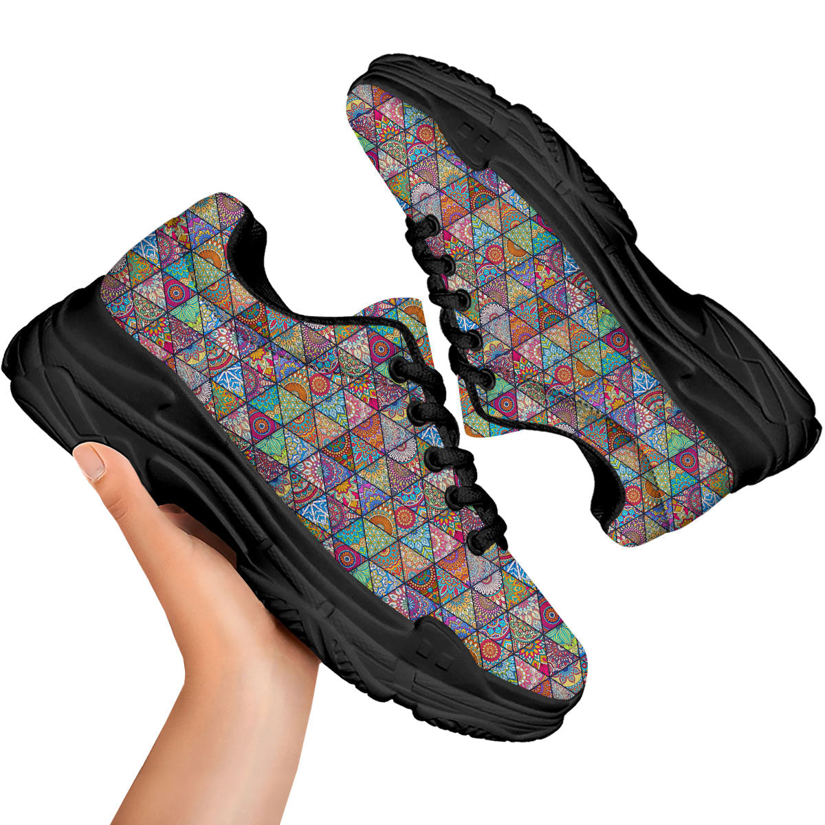 Patchwork Ethnic Mandala Print Pattern Black Chunky Shoes-grizzshop