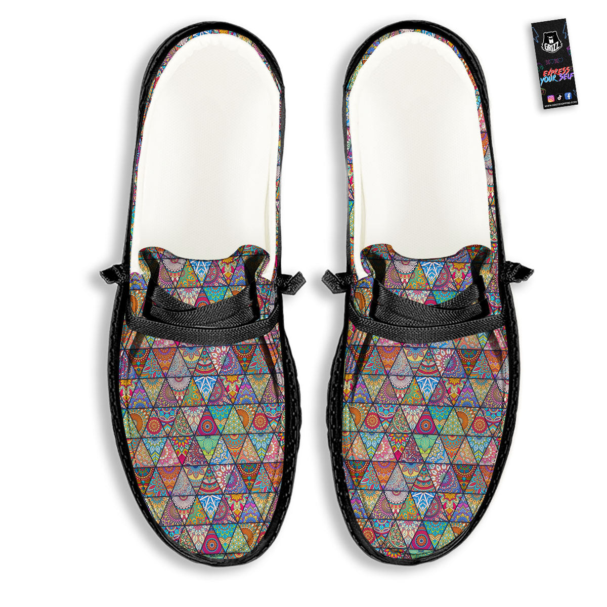 Patchwork Ethnic Mandala Print Pattern Black Loafers-grizzshop