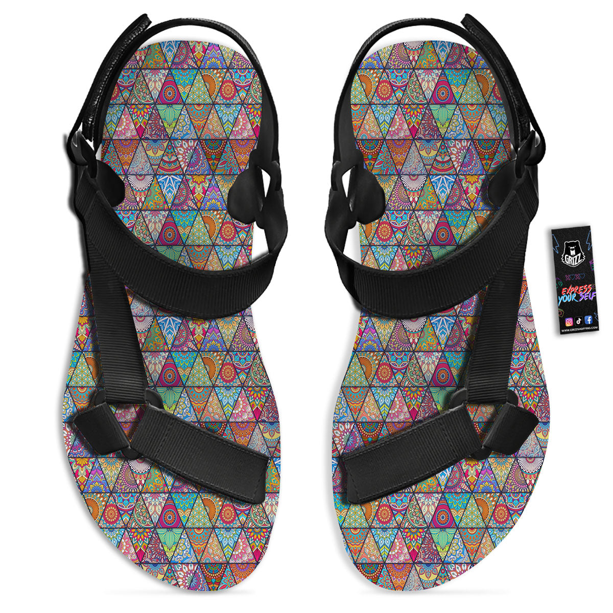 Patchwork Ethnic Mandala Print Pattern Black Open Toe Sandals-grizzshop