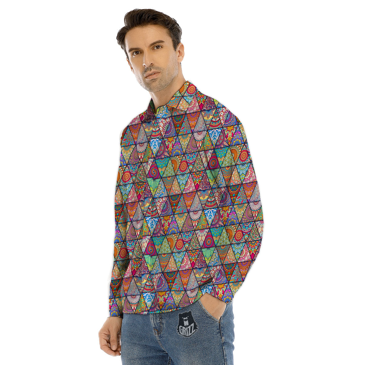 Patchwork Ethnic Mandala Print Pattern Men's Dress Shirts-grizzshop