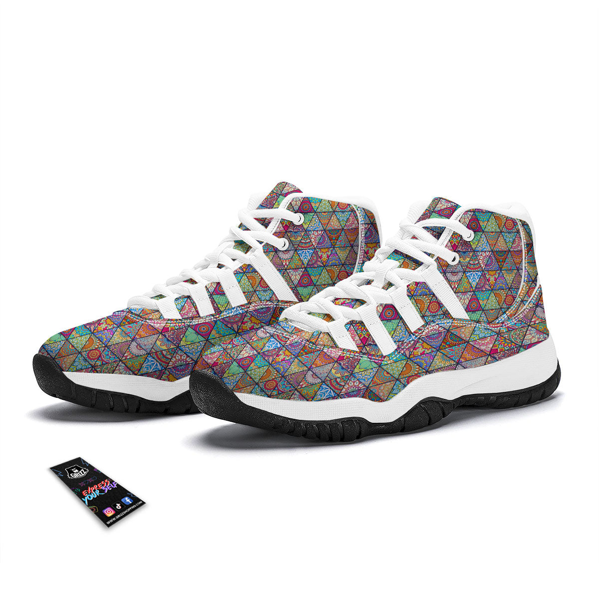Patchwork Ethnic Mandala Print Pattern White Bball Shoes-grizzshop