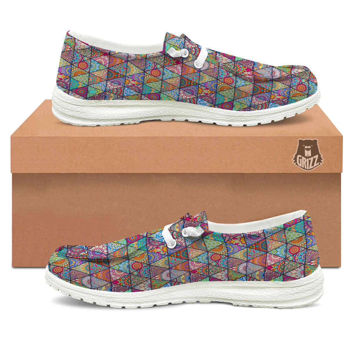 Patchwork Ethnic Mandala Print Pattern White Loafers-grizzshop