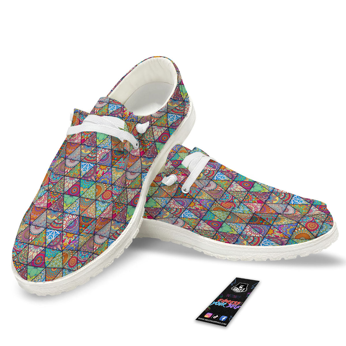 Patchwork Ethnic Mandala Print Pattern White Loafers-grizzshop