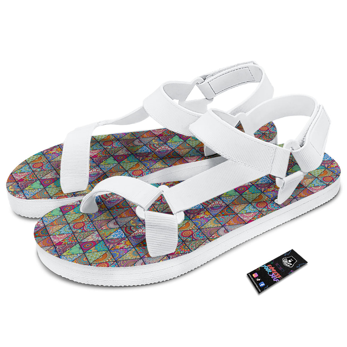 Patchwork Ethnic Mandala Print Pattern White Open Toe Sandals-grizzshop