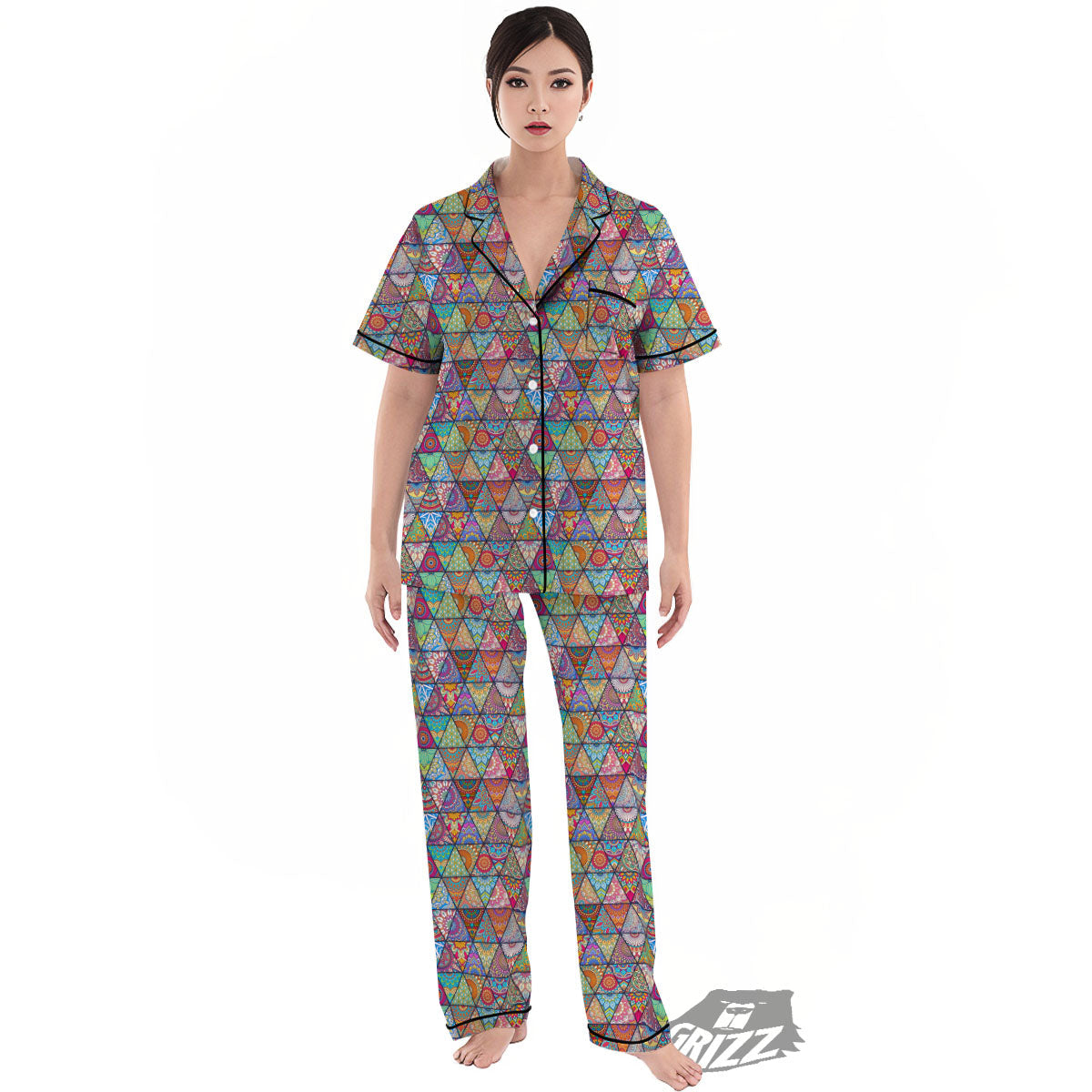 Patchwork Ethnic Mandala Print Pattern Women's Pajamas Set-grizzshop