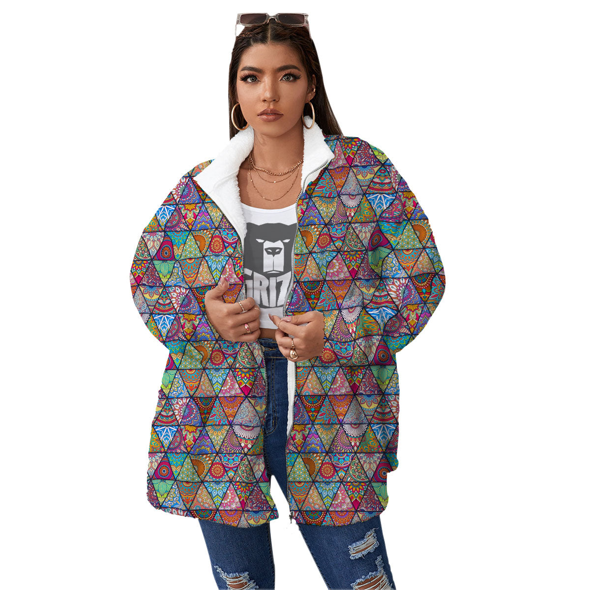 Patchwork Ethnic Mandala Print Pattern Women's Sherpa Jacket-grizzshop