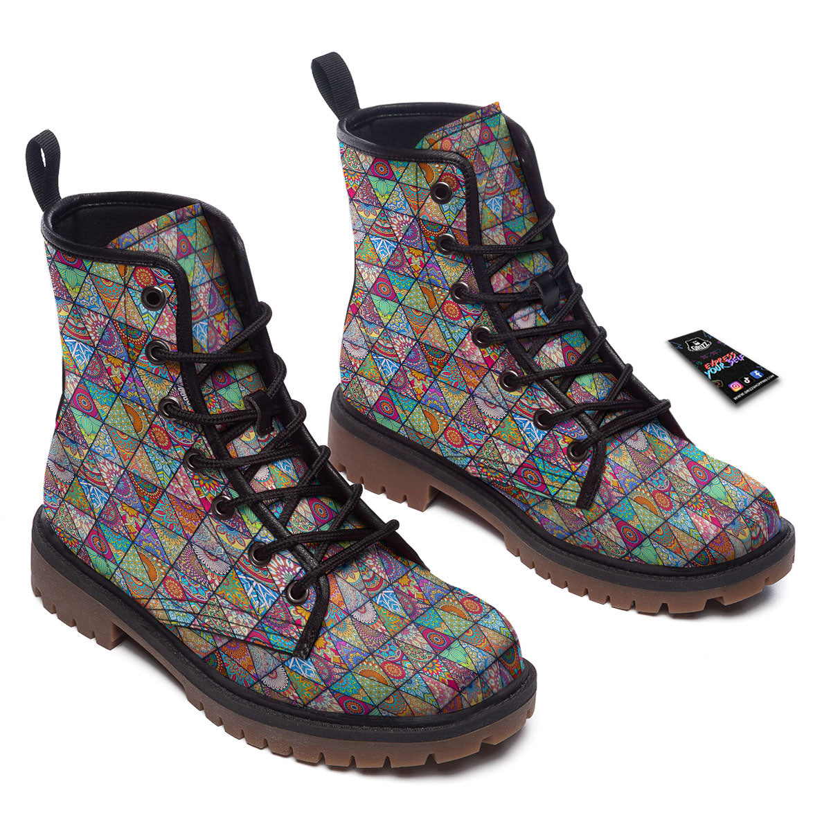 Patchwork Ethnic Mandala Print Pattern Work Boots-grizzshop