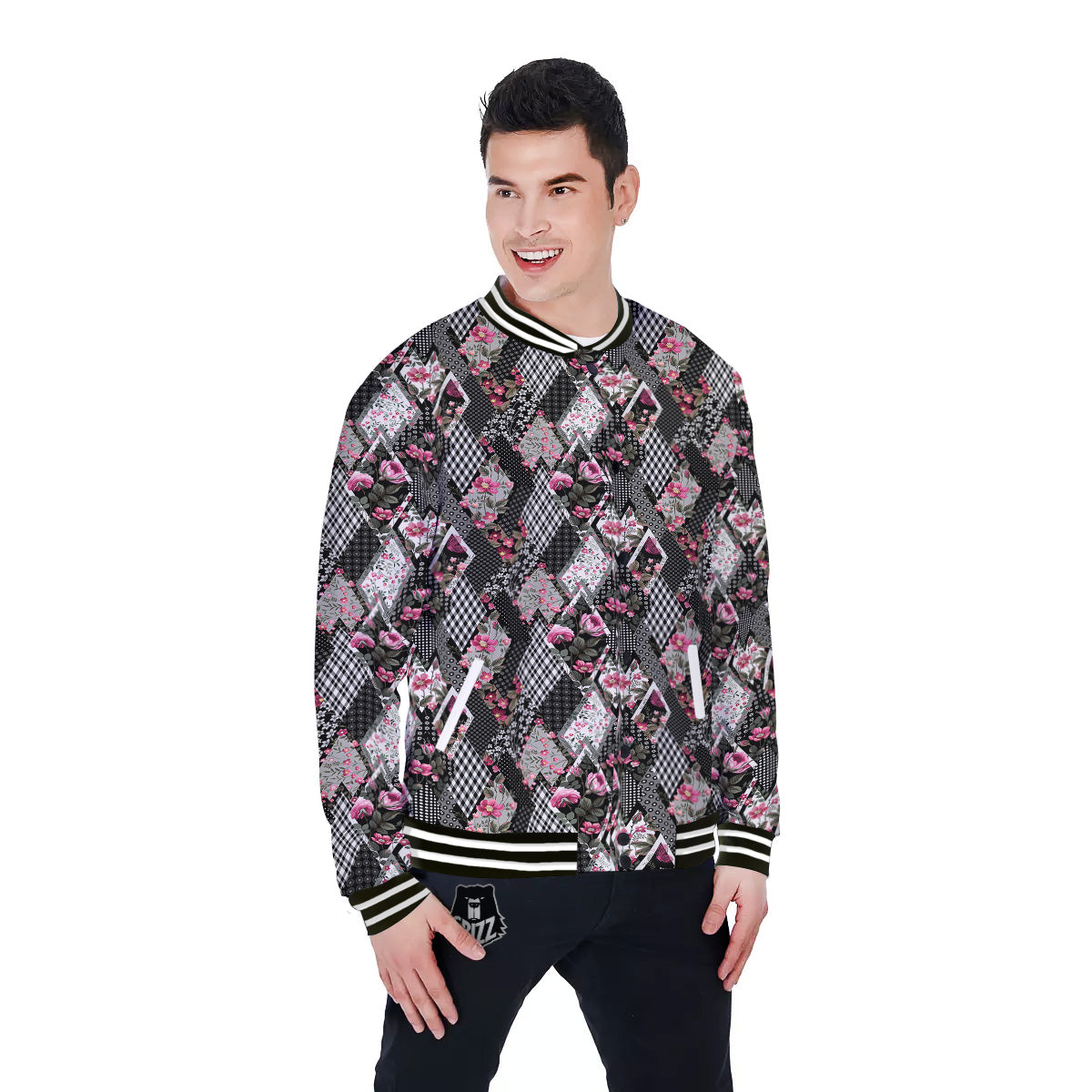 Patchwork Floral Black Pink Print Pattern Baseball Jacket-grizzshop