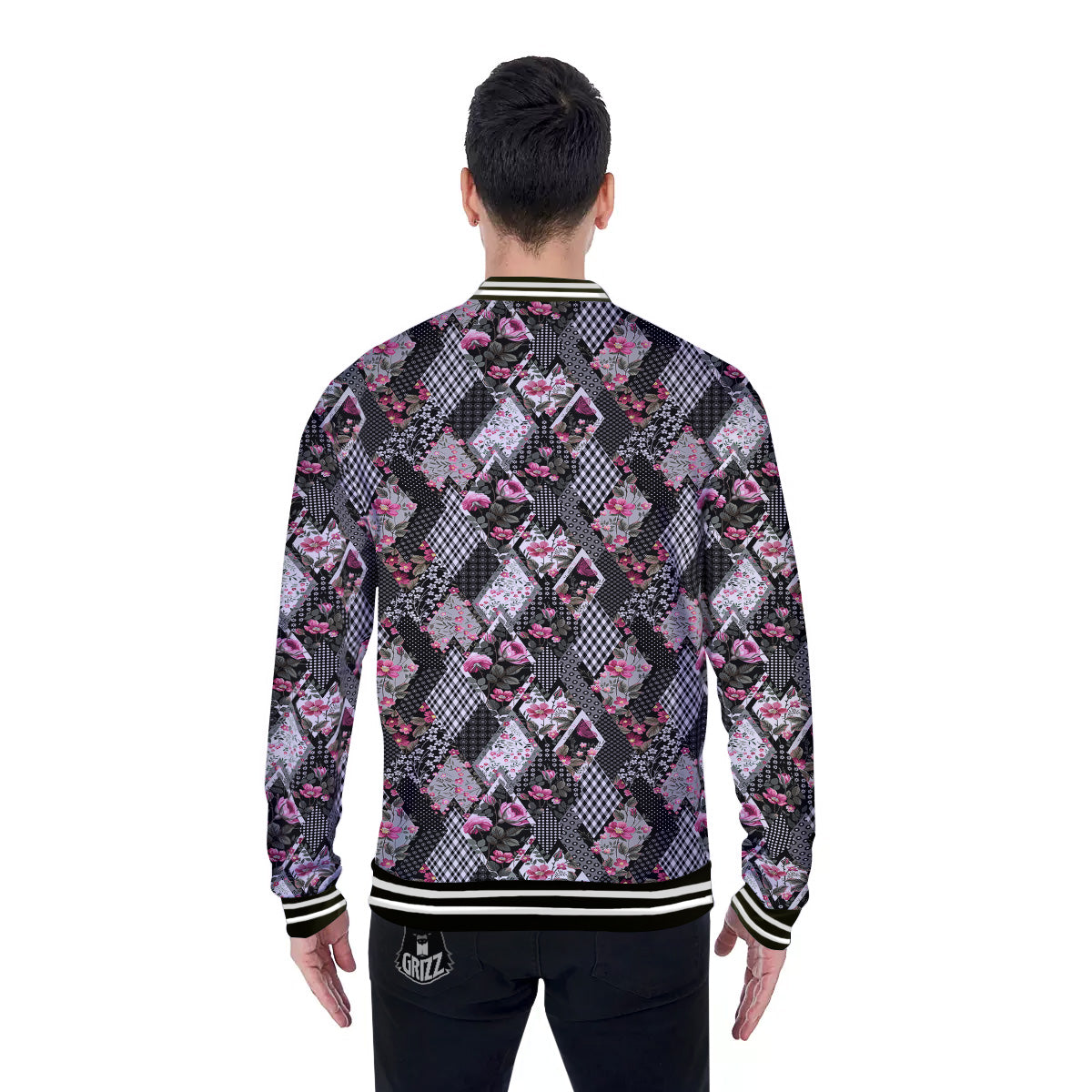 Patchwork Floral Black Pink Print Pattern Baseball Jacket-grizzshop