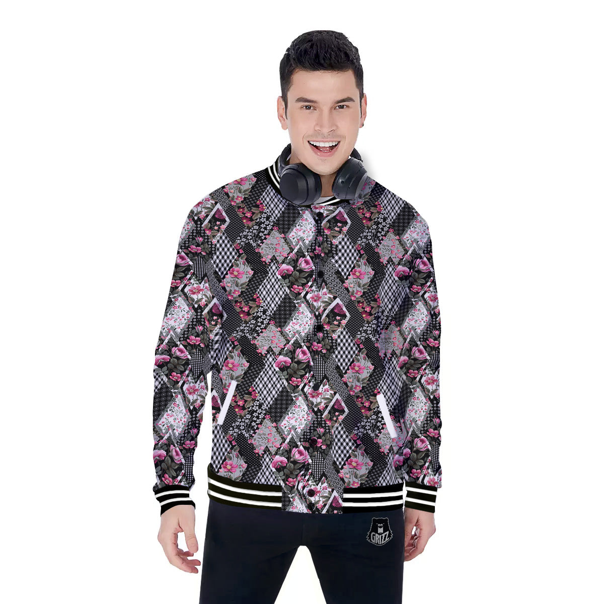 Patchwork Floral Black Pink Print Pattern Baseball Jacket-grizzshop
