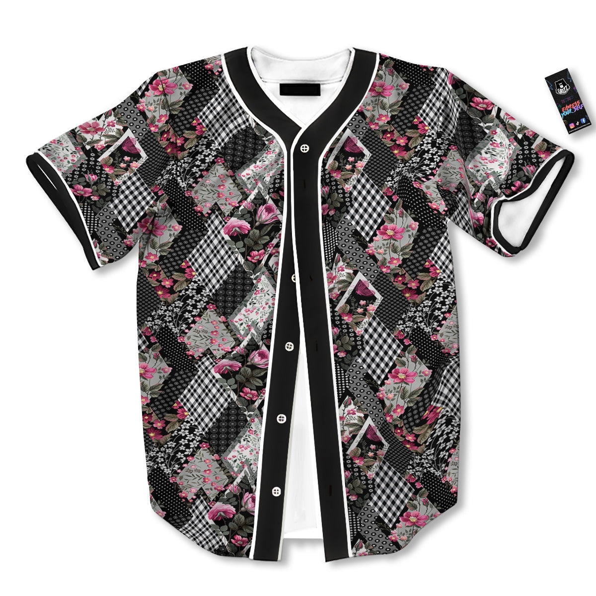 Patchwork Floral Black Pink Print Pattern Baseball Jersey-grizzshop