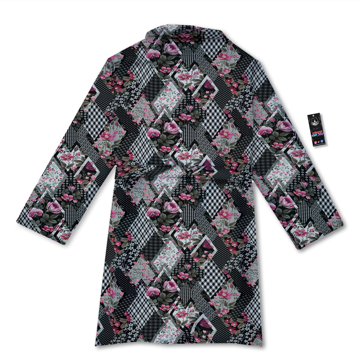 Patchwork Floral Black Pink Print Pattern Bathrobe-grizzshop
