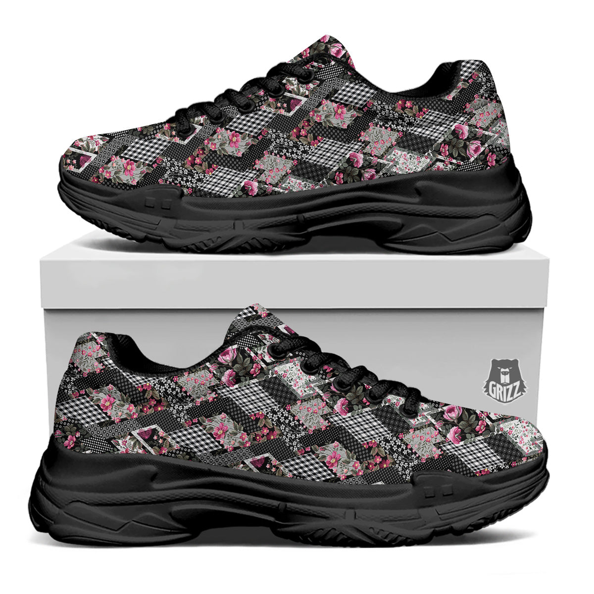 Patchwork Floral Black Pink Print Pattern Black Chunky Shoes-grizzshop