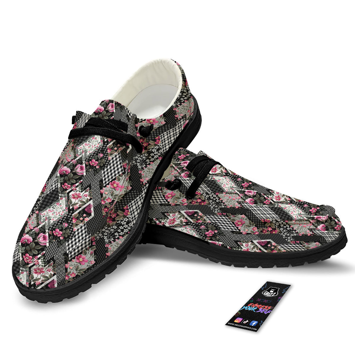 Patchwork Floral Black Pink Print Pattern Black Loafers-grizzshop