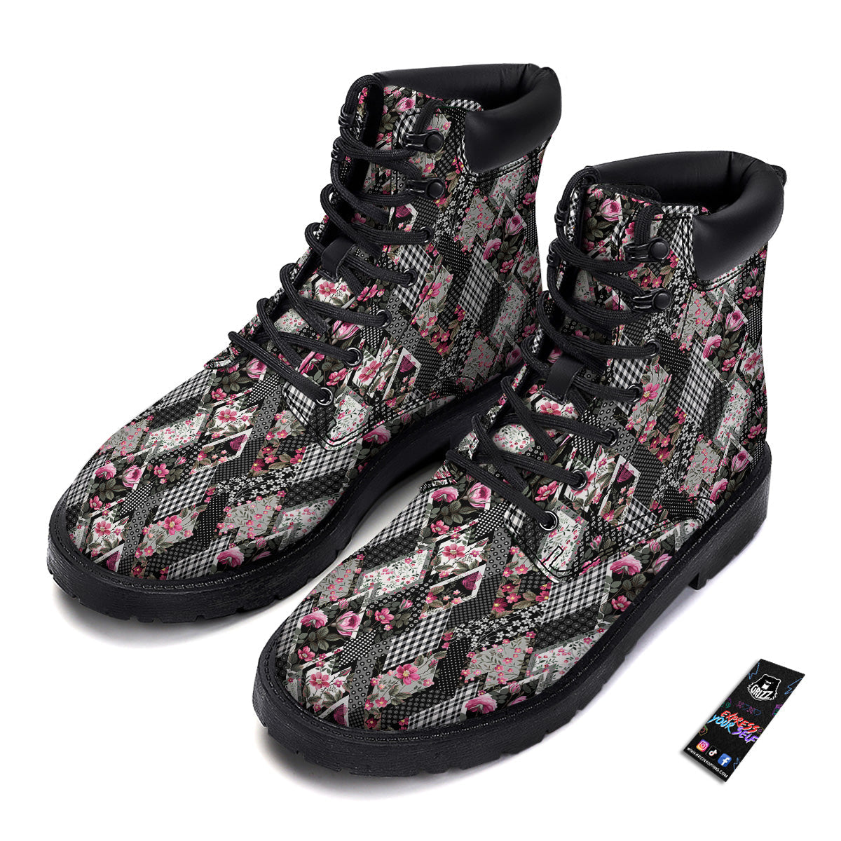 Patchwork Floral Black Pink Print Pattern Boots-grizzshop