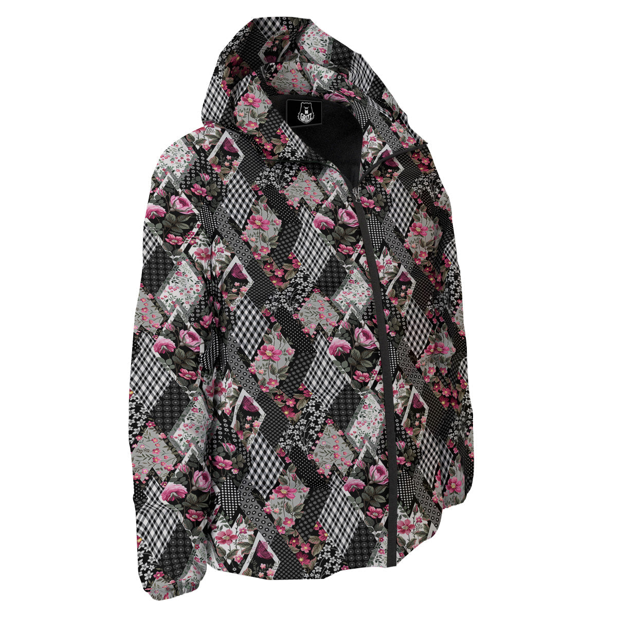 Patchwork Floral Black Pink Print Pattern Down Jacket-grizzshop