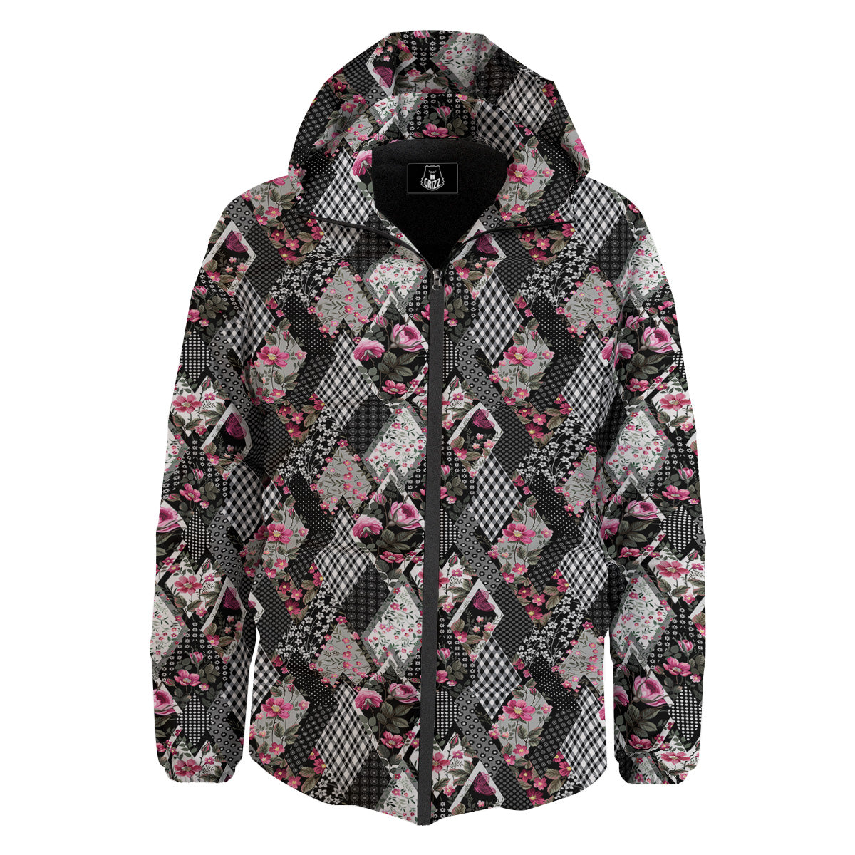 Patchwork Floral Black Pink Print Pattern Down Jacket-grizzshop