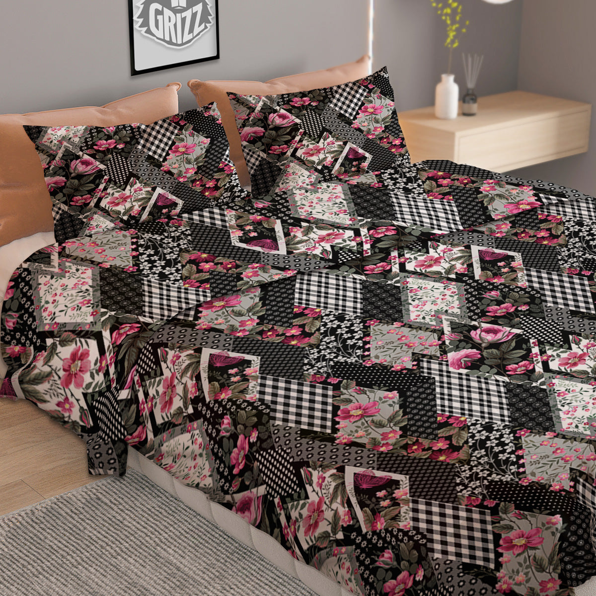 Patchwork Floral Black Pink Print Pattern Duvet Cover Bedding Set
