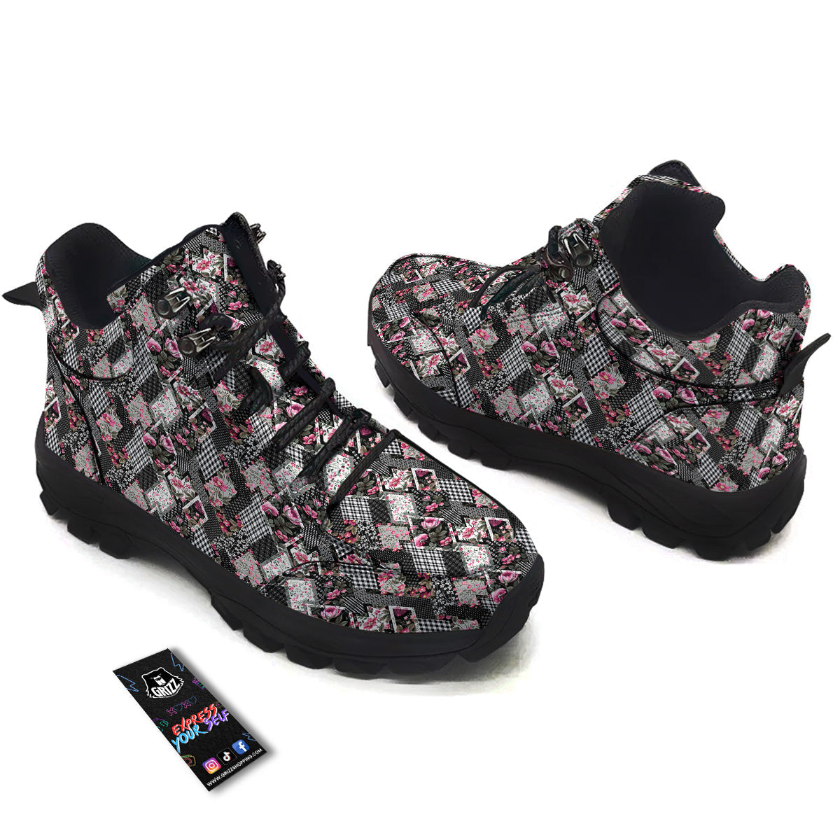 Patchwork Floral Black Pink Print Pattern Hiking Shoes-grizzshop