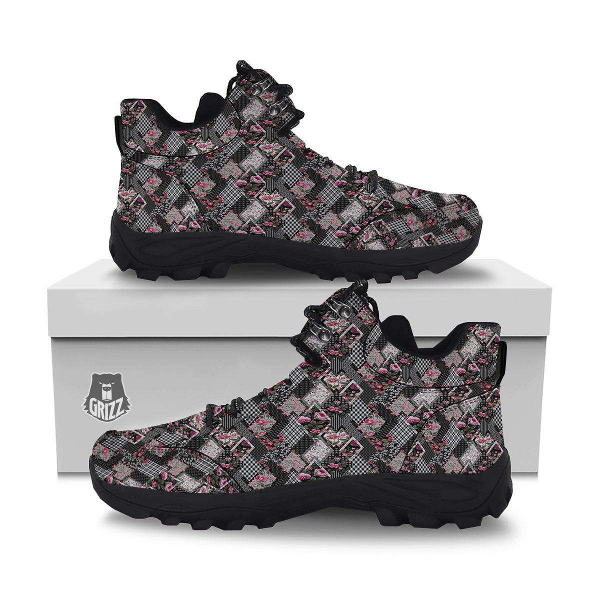 Patchwork Floral Black Pink Print Pattern Hiking Shoes-grizzshop
