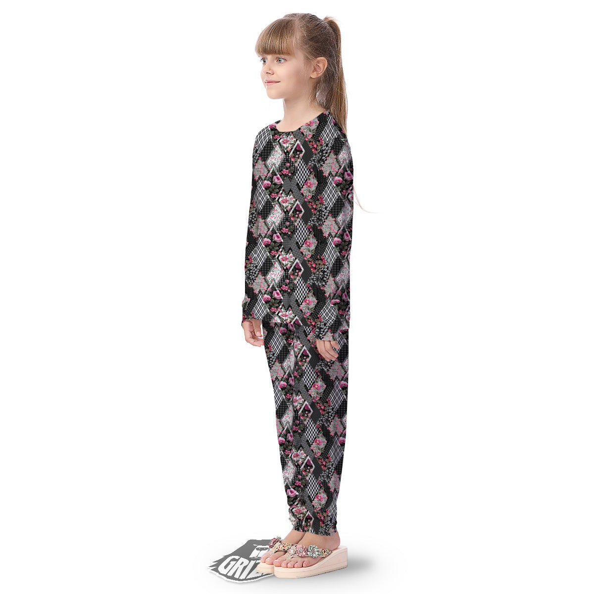 Patchwork Floral Black Pink Print Pattern Kid's Pajamas-grizzshop
