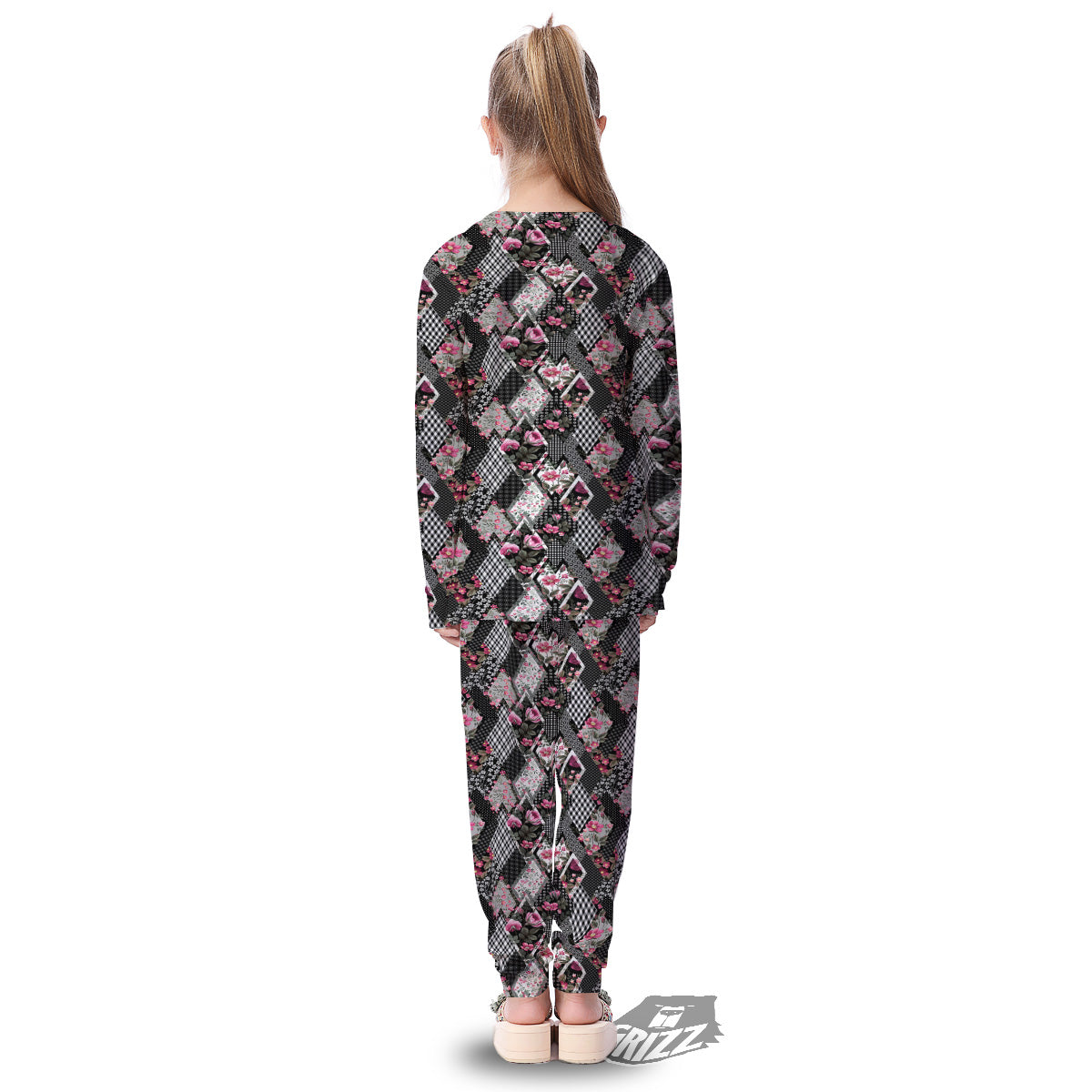 Patchwork Floral Black Pink Print Pattern Kid's Pajamas-grizzshop