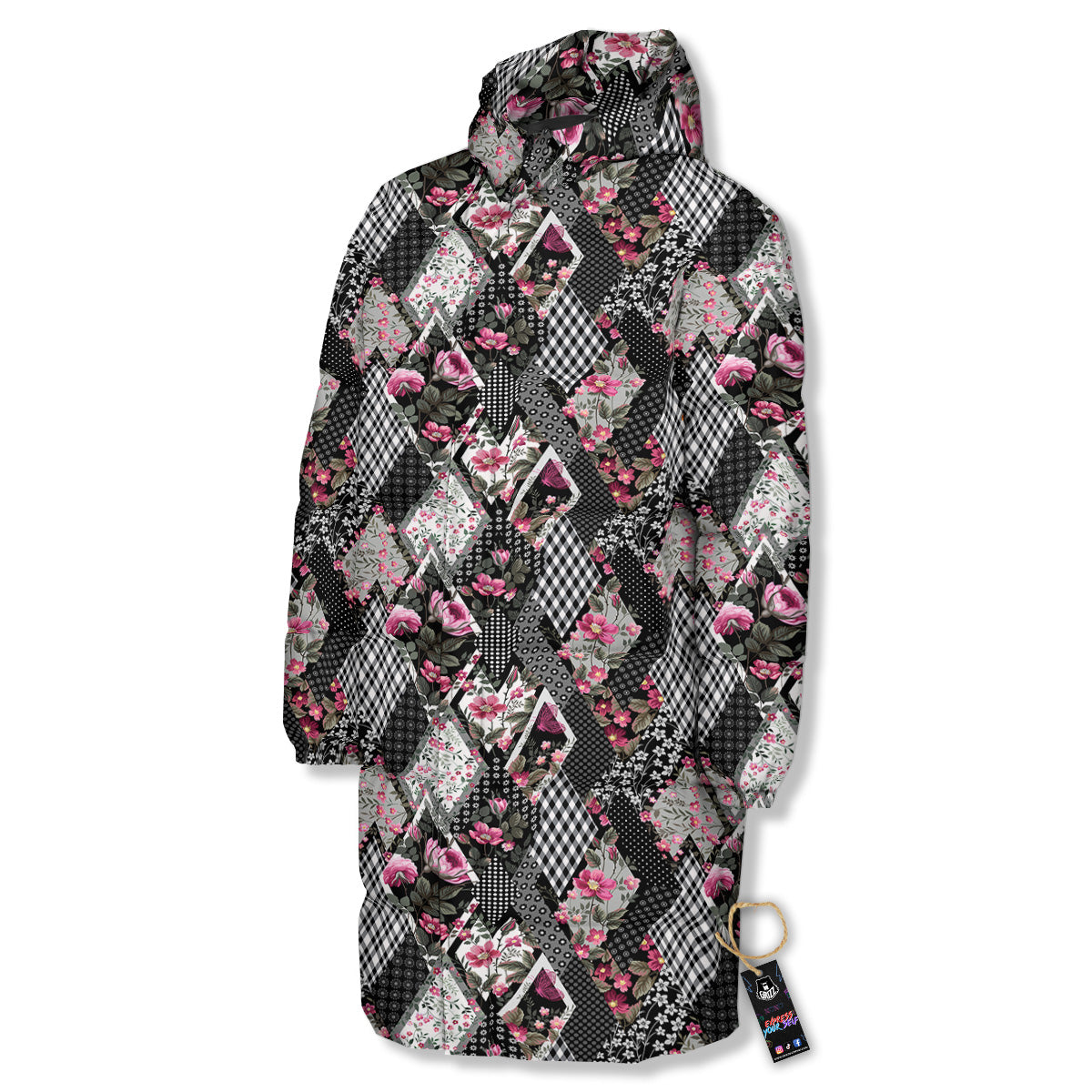Patchwork Floral Black Pink Print Pattern Long Down Jacket-grizzshop