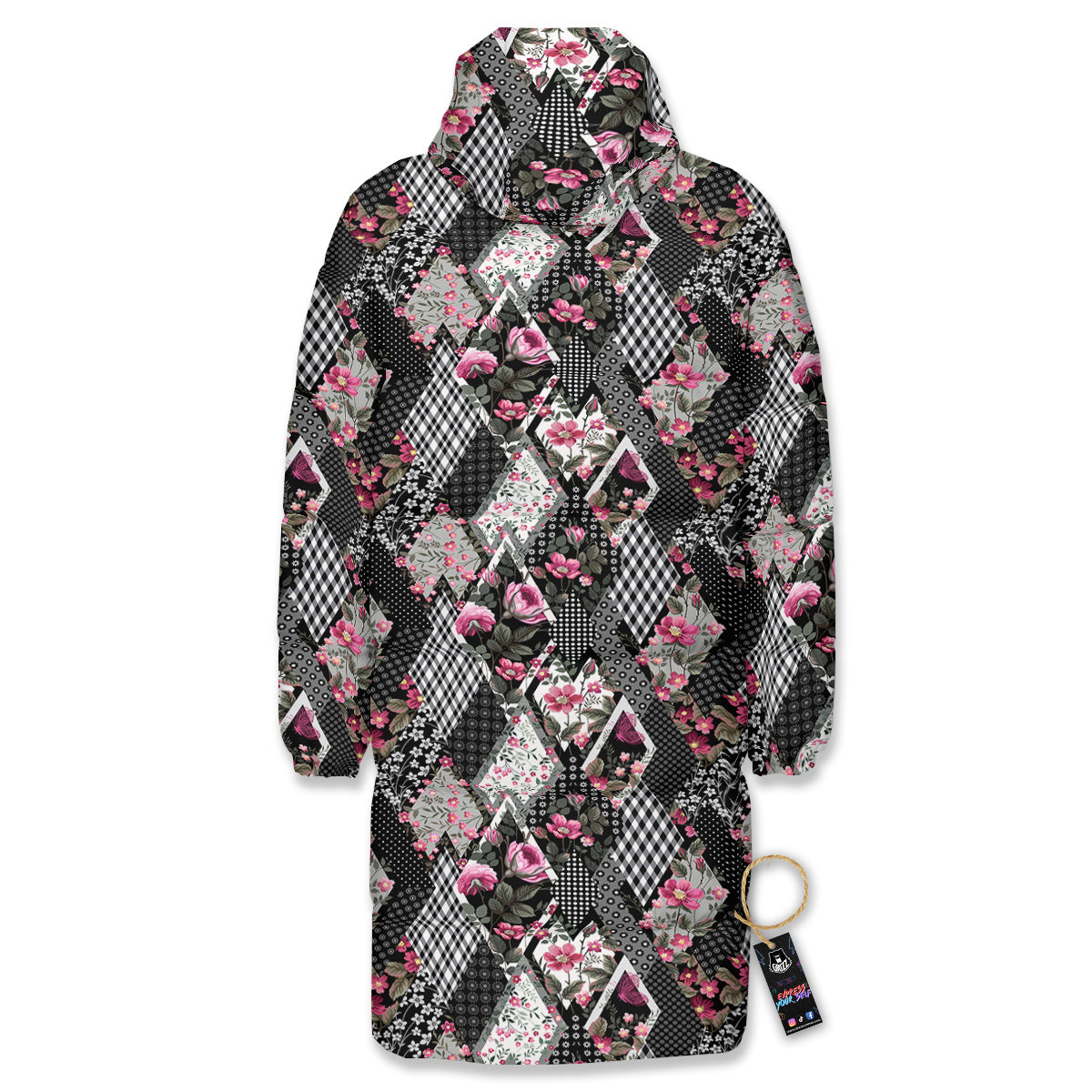 Patchwork Floral Black Pink Print Pattern Long Down Jacket-grizzshop