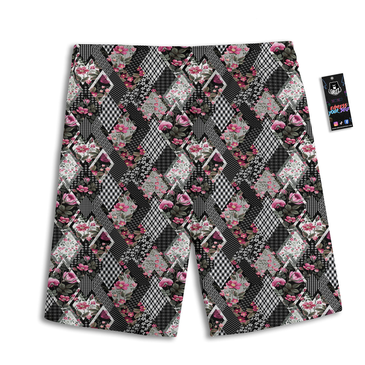 Patchwork Floral Black Pink Print Pattern Men's Athletic Shorts
