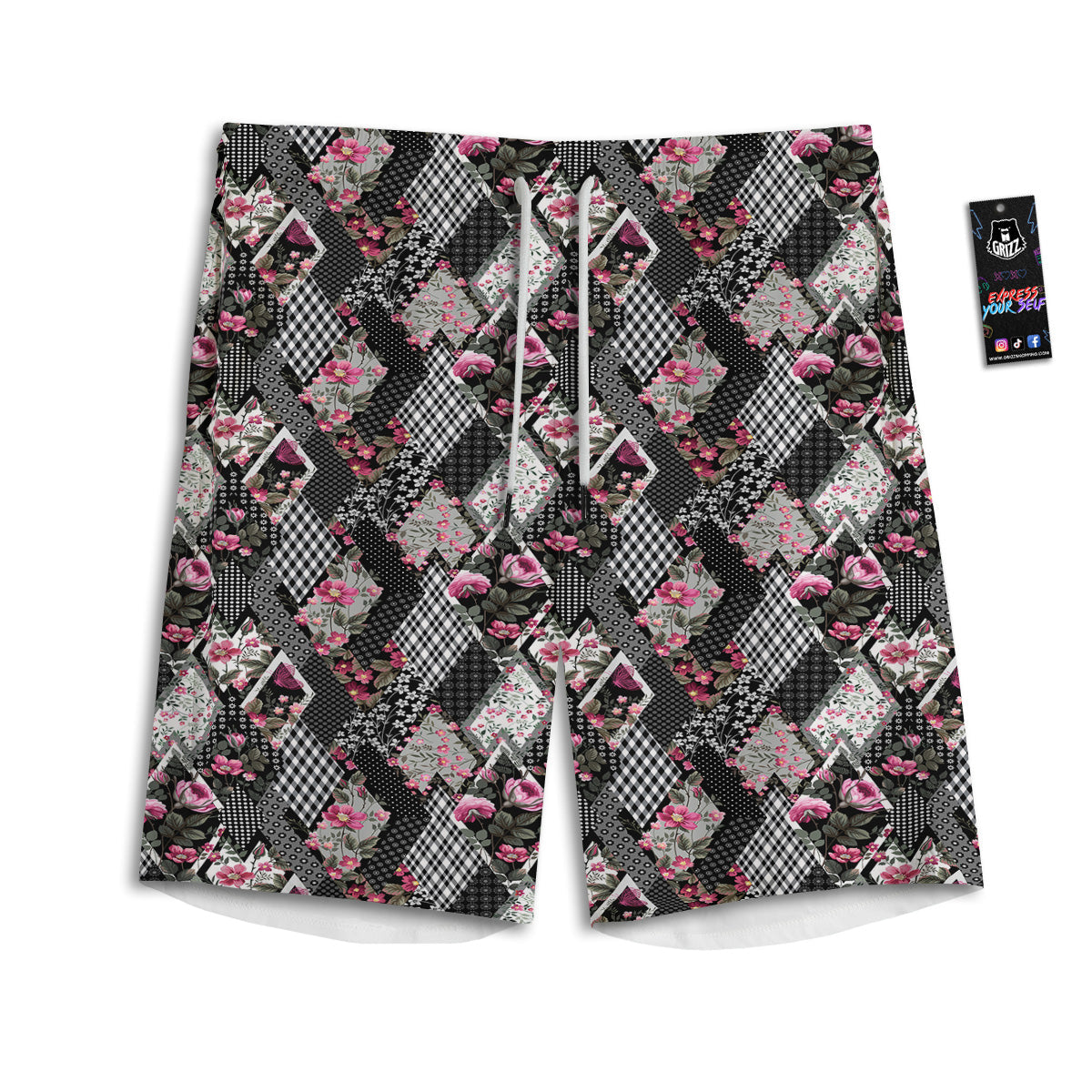 Patchwork Floral Black Pink Print Pattern Men's Athletic Shorts