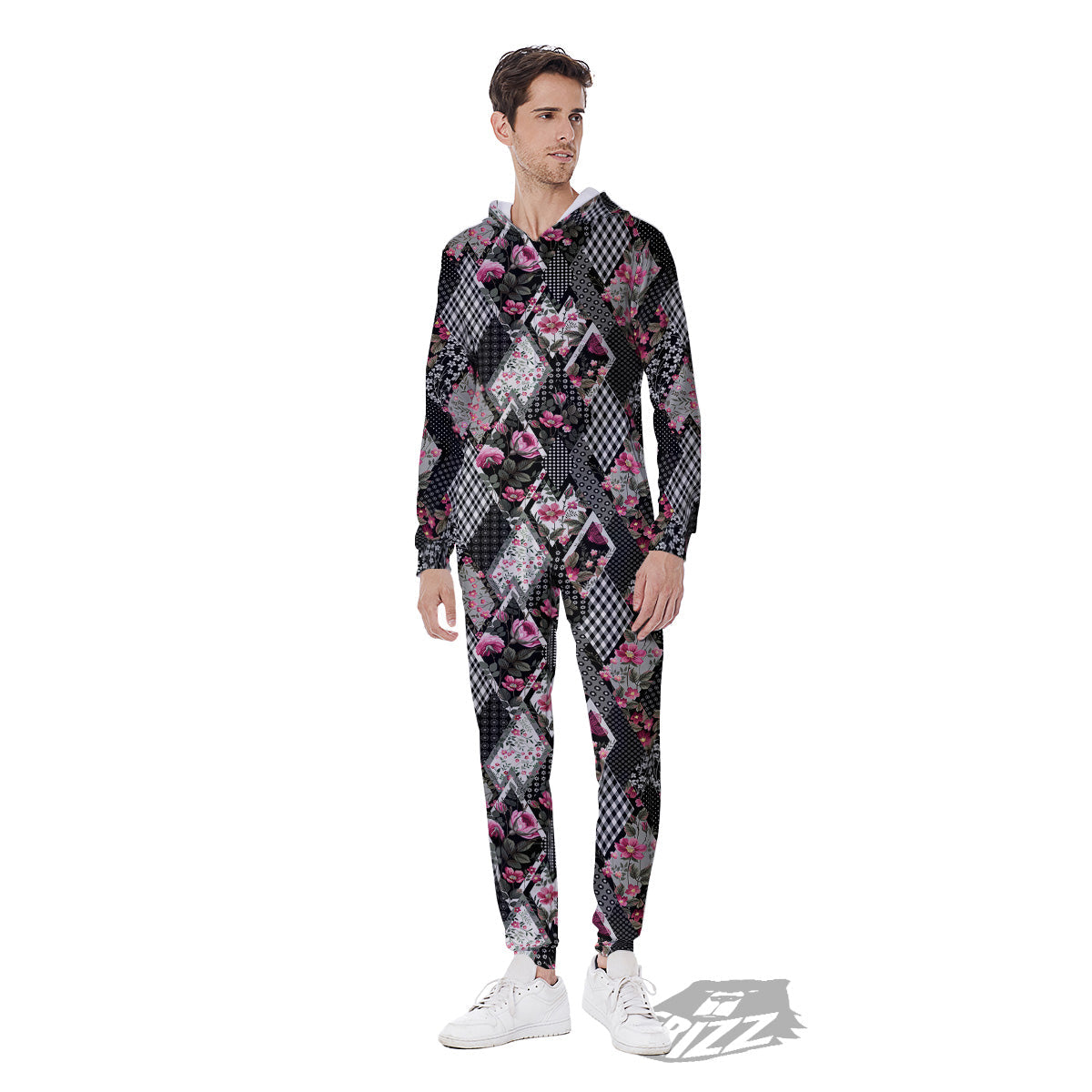Patchwork Floral Black Pink Print Pattern Men's Jumpsuit-grizzshop