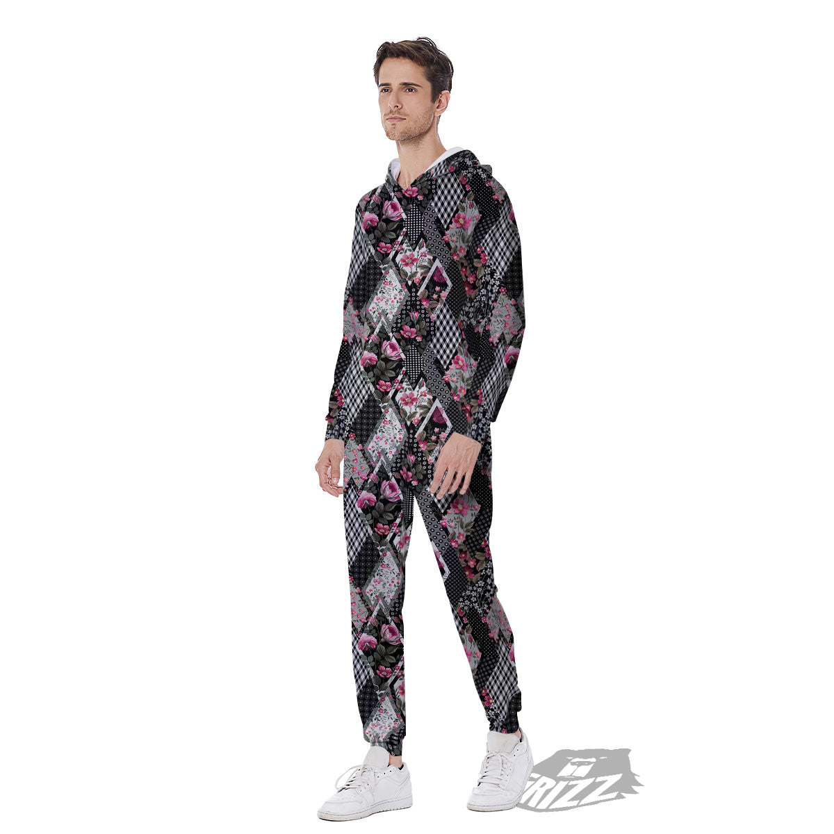 Patchwork Floral Black Pink Print Pattern Men's Jumpsuit-grizzshop
