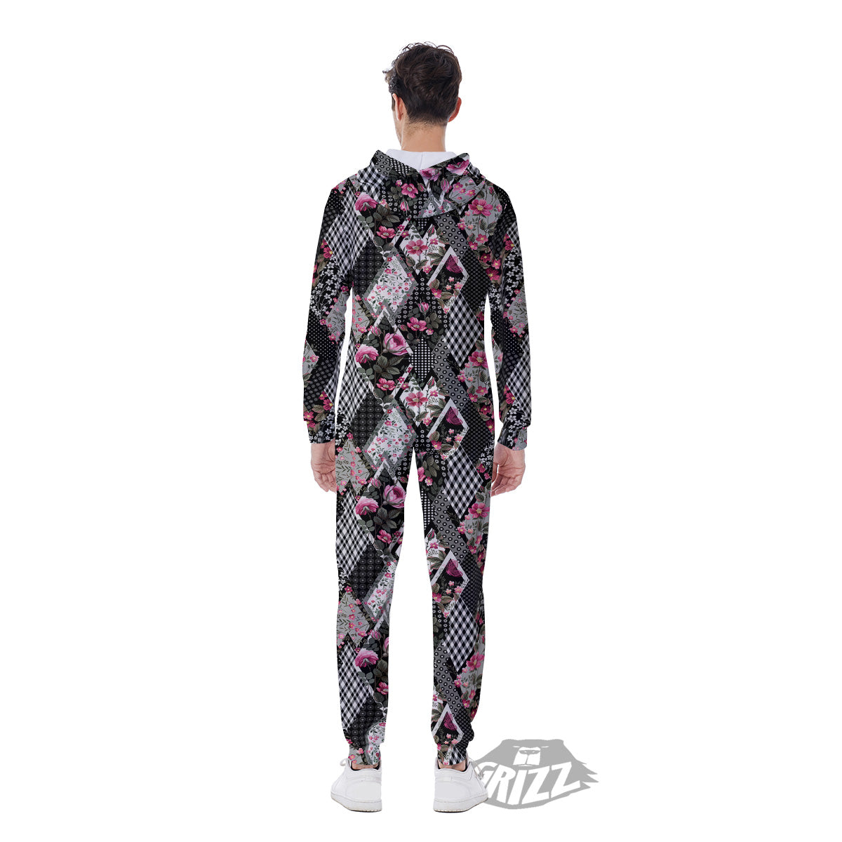 Patchwork Floral Black Pink Print Pattern Men's Jumpsuit-grizzshop