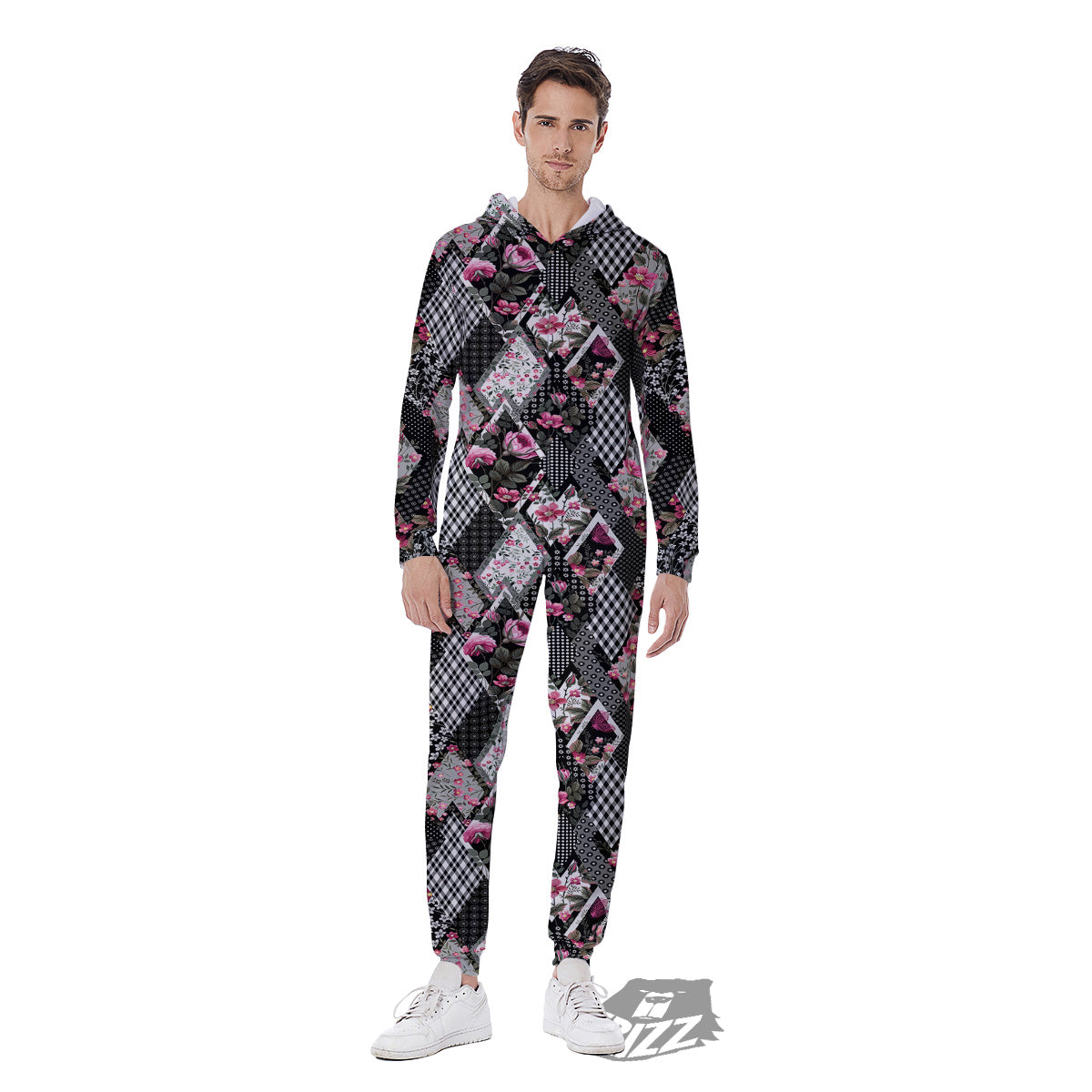 Patchwork Floral Black Pink Print Pattern Men's Jumpsuit-grizzshop