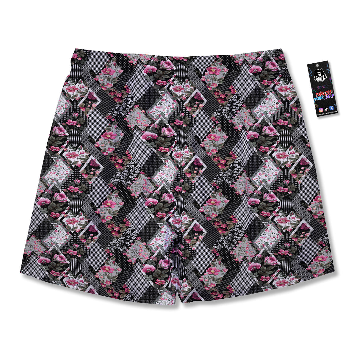 Patchwork Floral Black Pink Print Pattern Men's Running Shorts-grizzshop