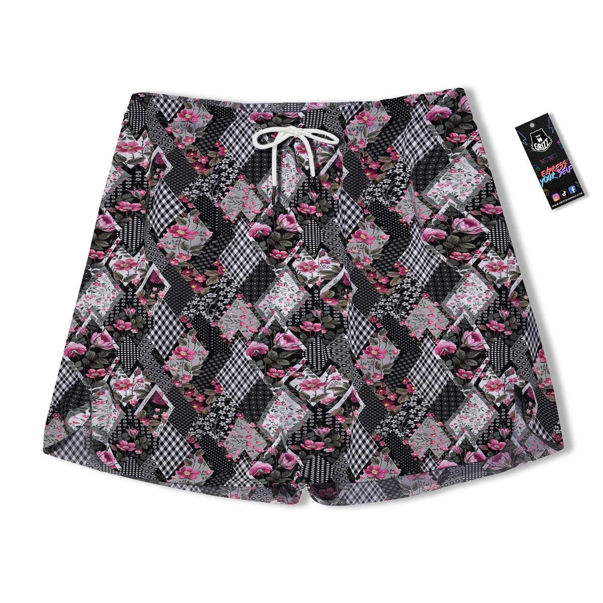 Patchwork Floral Black Pink Print Pattern Men's Running Shorts-grizzshop