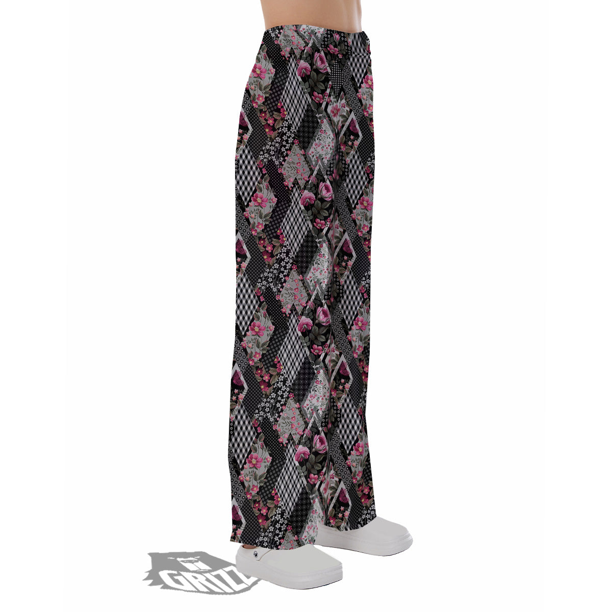 Patchwork Floral Black Pink Print Pattern Pajama Pants-grizzshop