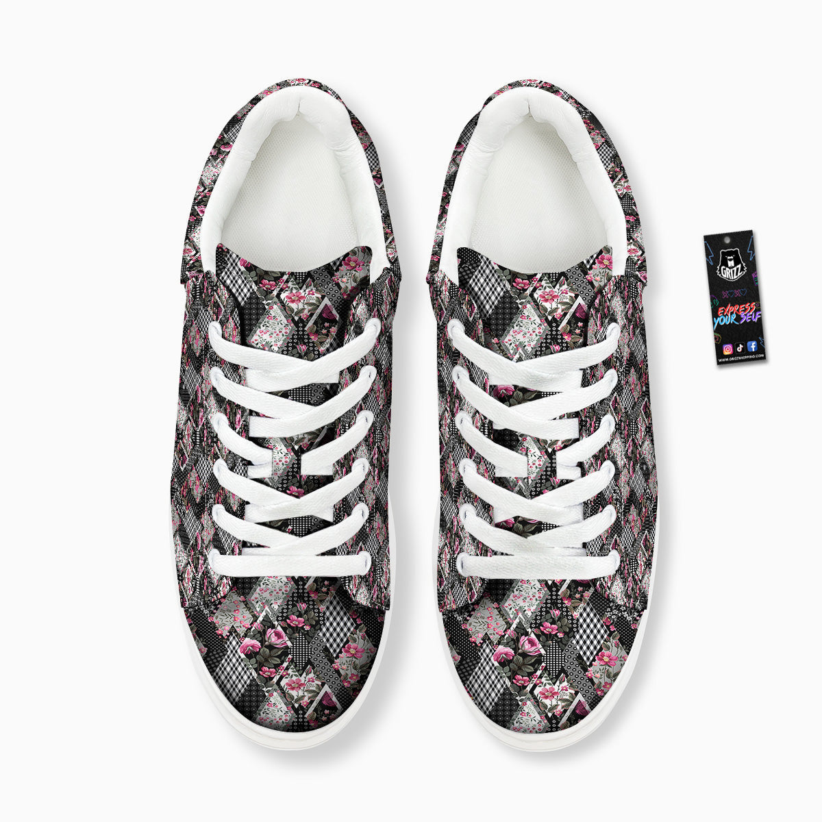 Patchwork Floral Black Pink Print Pattern Platform Shoes-grizzshop