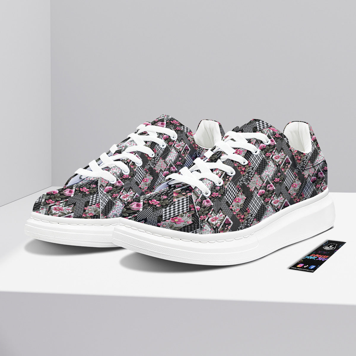 Patchwork Floral Black Pink Print Pattern Platform Shoes-grizzshop