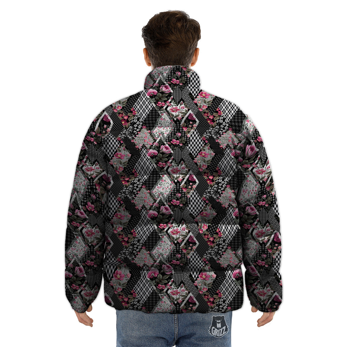 Patchwork Floral Black Pink Print Pattern Puffer Jacket-grizzshop