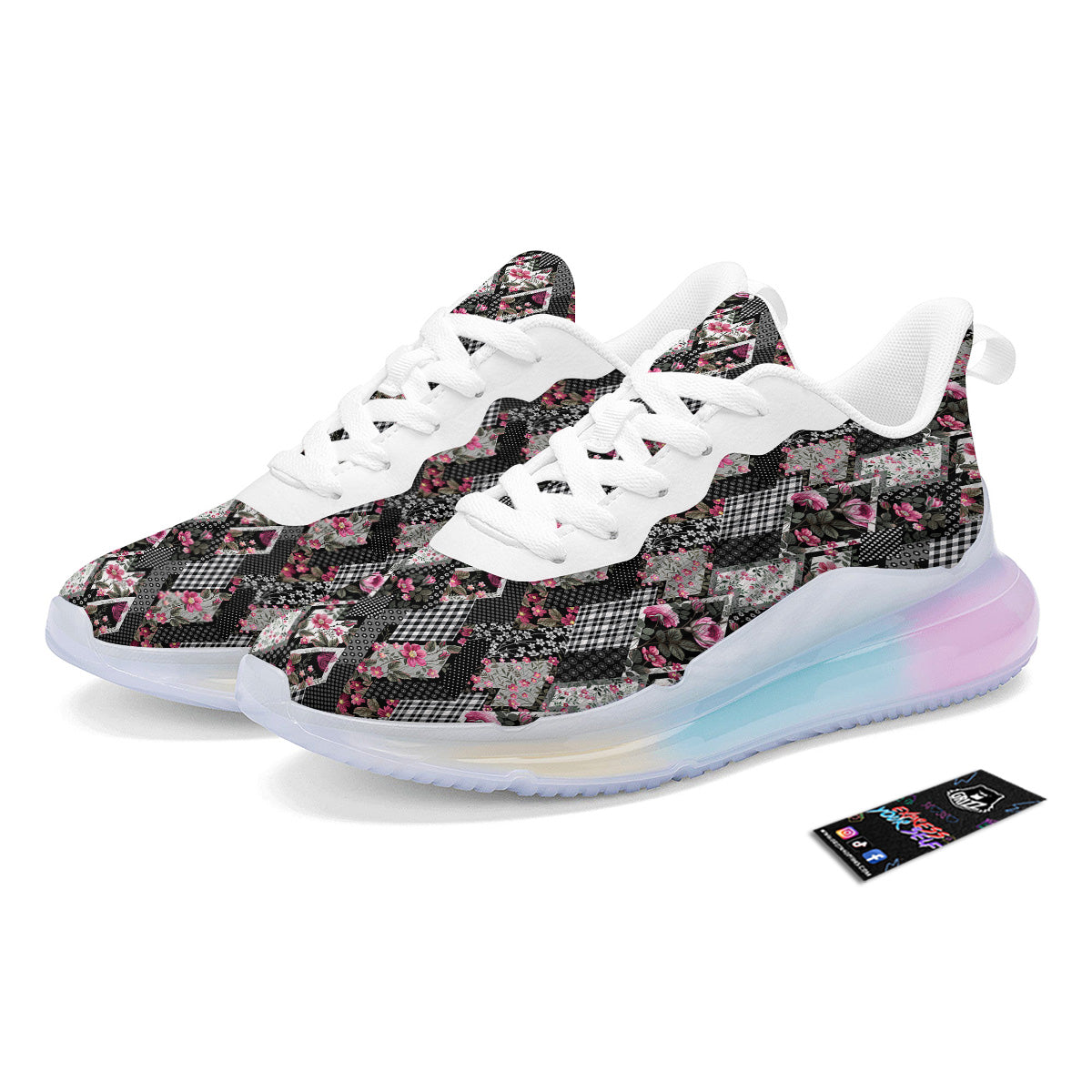 Patchwork Floral Black Pink Print Pattern Running Sneakers-grizzshop
